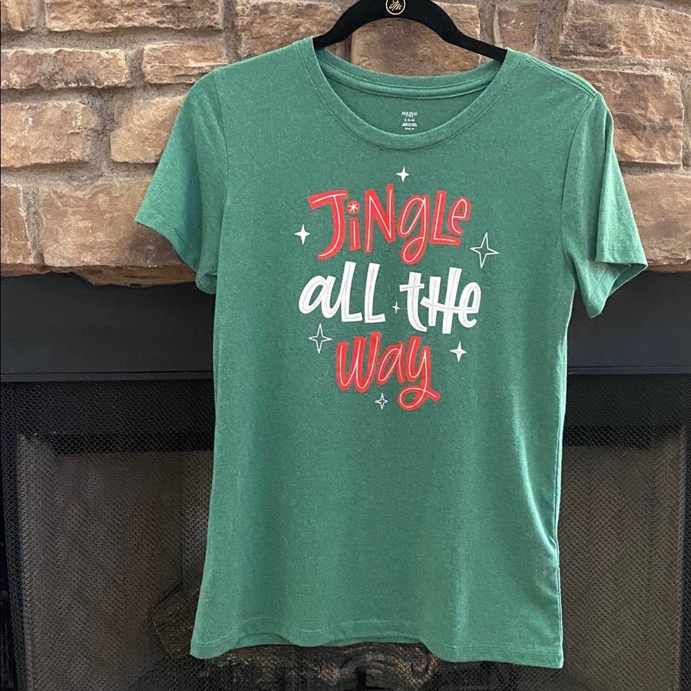 Holiday Time Green T-Shirt w/ red & white  “Jingle all the way” w/ silver detail